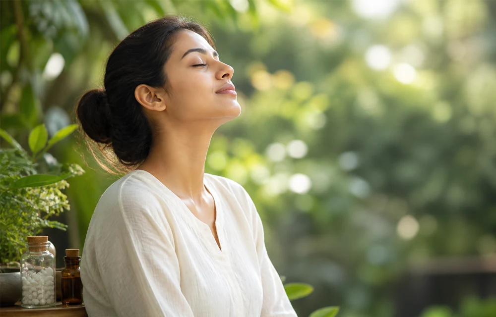 Woman breathing peacefully in natural surroundings