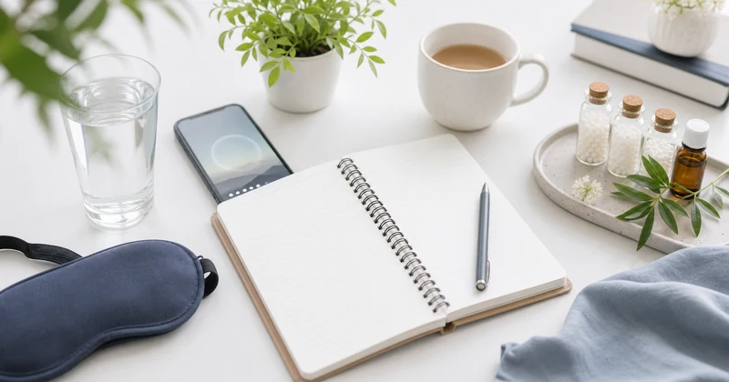 Migraine trigger tracking diary with hydration, sleep, screen time, and homeopathy wellness elements